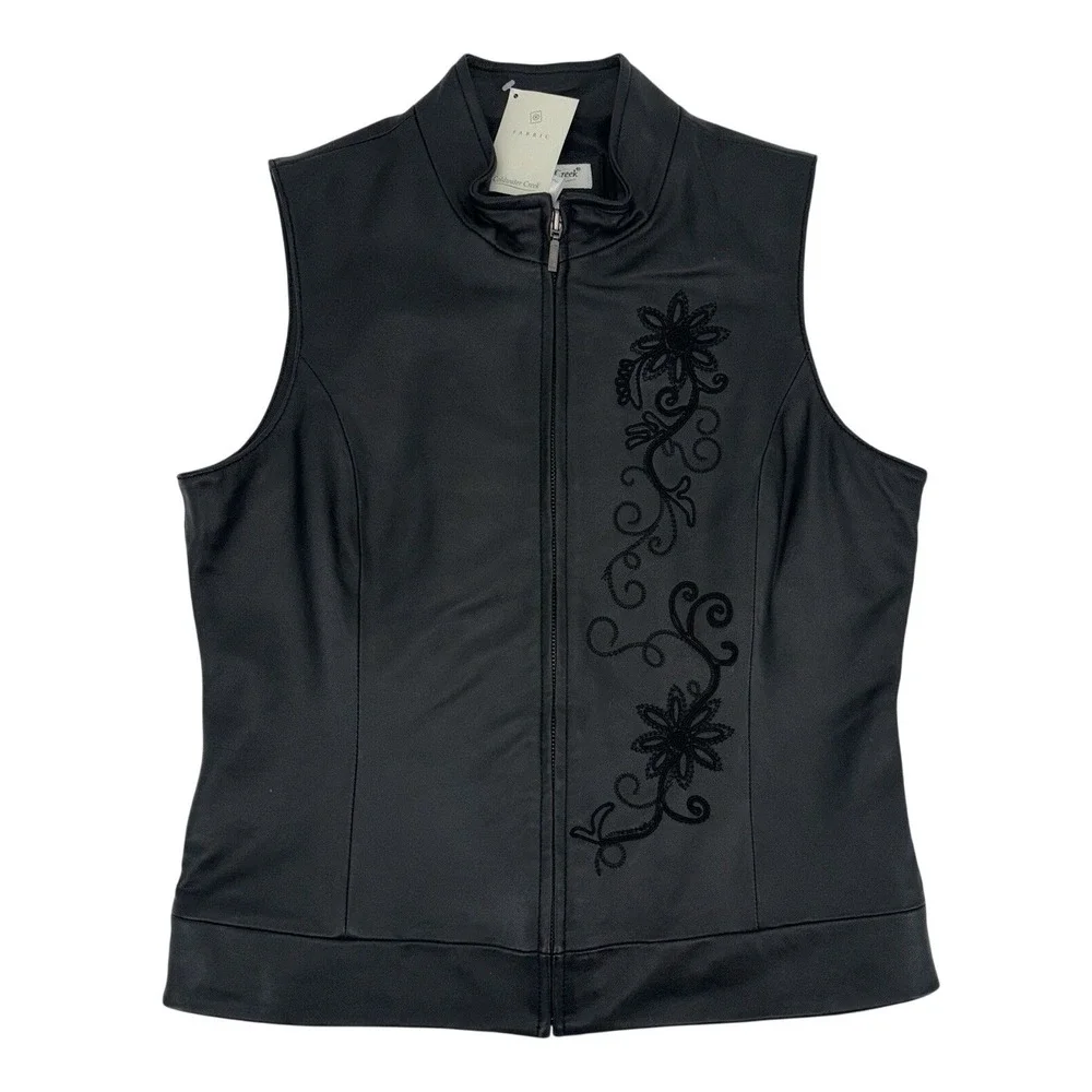 NEW Coldwater Creek Womens Leather Vest Black Small Embroidered Accents Full Zip